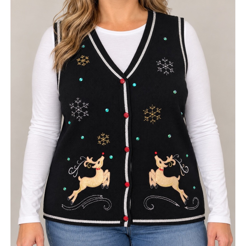 White Stag Womens Reindeer Christmas Sweater Vest Sequin Large Kitschmas